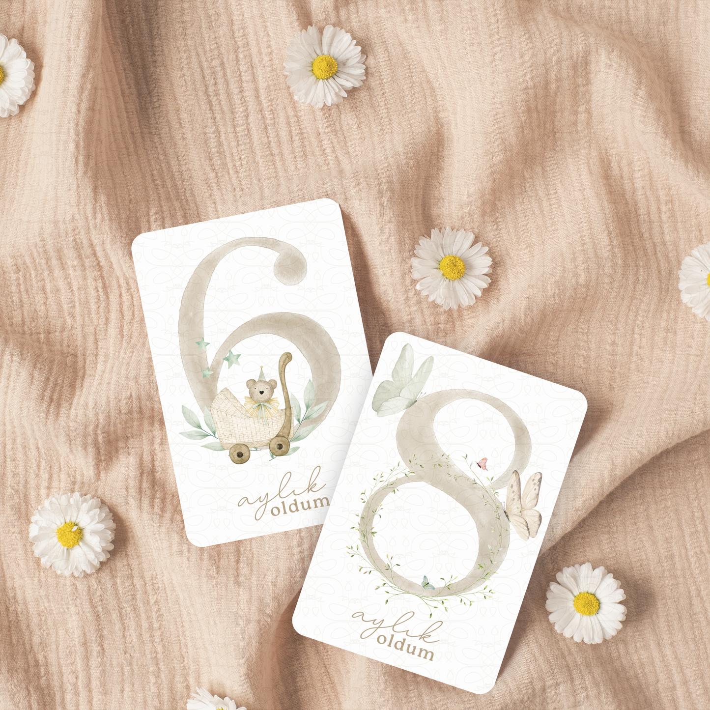 Baby Meilensteinkarten 'Aylık Kartlar' | beige aquarell | 20 Karten zum Festhalten der Baby-Meilensteine