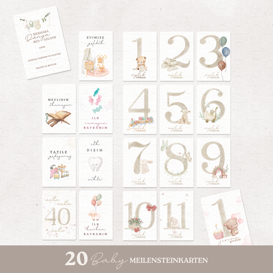 Baby Meilensteinkarten 'Aylık Kartlar' | beige aquarell | 20 Karten zum Festhalten der Baby-Meilensteine