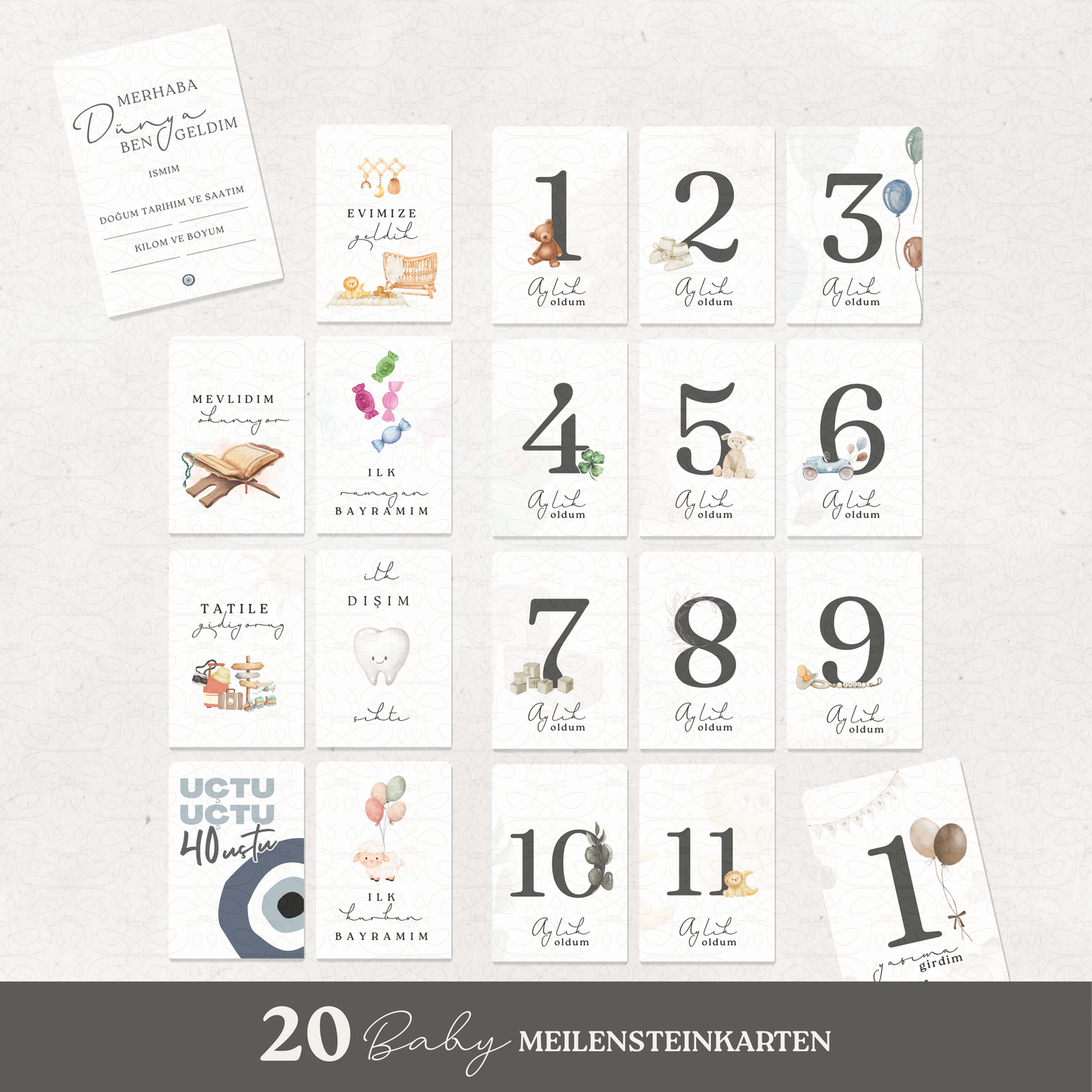 Baby Meilensteinkarten 'Aylık Kartlar' | v2 | 20 Karten zum Festhalten der Baby-Meilensteine