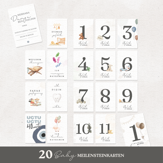 Baby Meilensteinkarten 'Aylık Kartlar' | v2 | 20 Karten zum Festhalten der Baby-Meilensteine